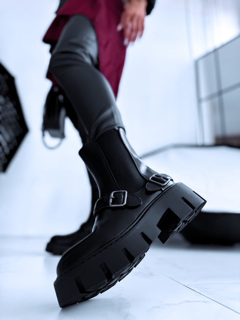 "Double Belt 5803" boots with side elastic - BLACK